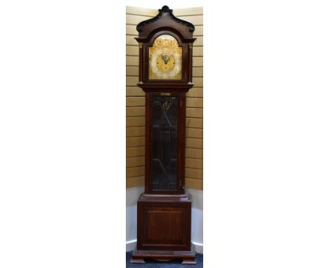 A HANDSOME EDWARDIAN THIRTY DAY GRANDFATHER CLOCK in a mahognay and astral-glazed case with decorative brass dial and a silve