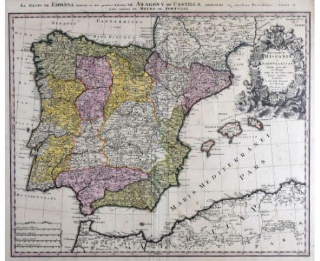 ANTIQUE MAP OF SPAIN coloured and with heraldic cartouche 'El Reyno de Espana', 52 x 61cms