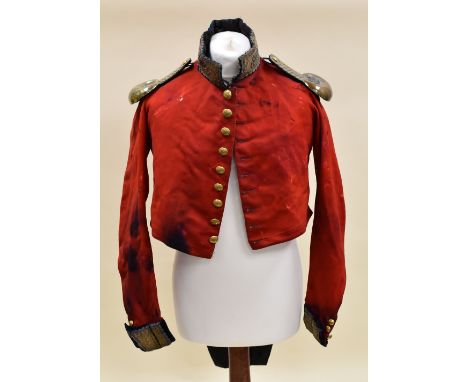 RED SOLDIER'S TUNIC WITH ACCESSORIES, HELMET &amp; EPNS BOWL, believed to be Georgian period and later, relating to an M E Wa