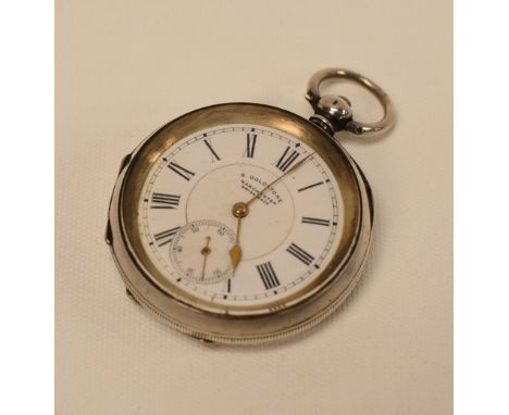 SILVER OPEN-FACED POCKET-WATCH with white enamel dial bearing Roman numerals and Manchester retailer 