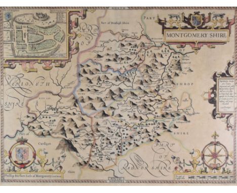 CHRISTOPHER SAXTON / JOHN SPEEDE antique coloured map of 'MONTGOMERY SHIRE', 39 X 51cms