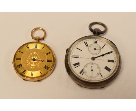 14K GOLD POCKET WATCH with floral engraved case (incomplete); together with a silver pocket watch with white enamel dial, ins
