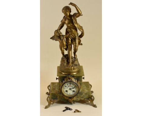 FRENCH SCULPTURAL MANTEL CLOCK with painted enamel dial to the stepped green onyx base, raised on four scrolling corner feet 