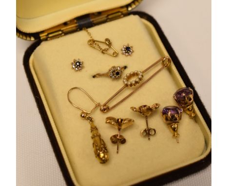 PARCEL OF JEWELLERY including 9ct gold and amethyst stud-earrings, seed-pearl brooch, diamond ring / earring set etc