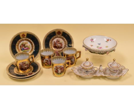 MEISSEN DUAL-INKWELL, MEISSEN DISH & AUSTRIAN CABINET SET, the inkwell in the Rococo style having lids and with blue cross sw