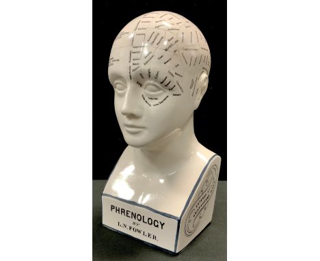 Phrenology by L. N. Fowler - a reproduction ceramic Phrenology head,   black lettered sectional labels, 32cm high 