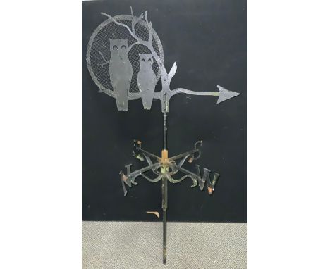A hand crafted wrought iron owls in the moonlight weather vane with fittings, 127cm high 