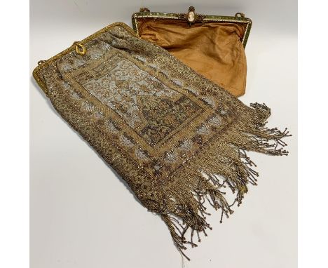 An Edwardian white metal mesh evening purse; a giouche enamel and cameo evening bag clasp (2) 