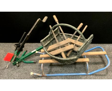 Tools - a foot action log splitter, wooden clamps, wicker trug, etc, quantity 
