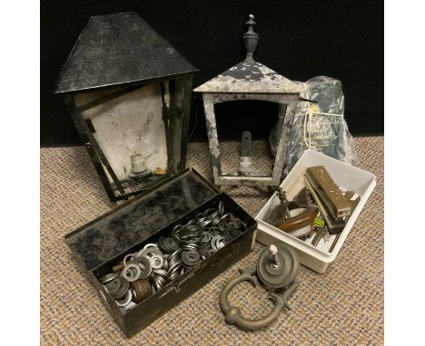 An exterior wall mounted lantern;  another;  door knocker washers etc qty 
