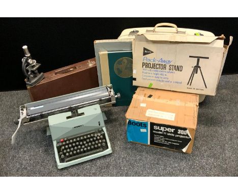 Boxes &amp; objects - a Boots Super 300 model 11 slide projector, original box; Boots Pack-Away Projector Stand, boxed; a sma