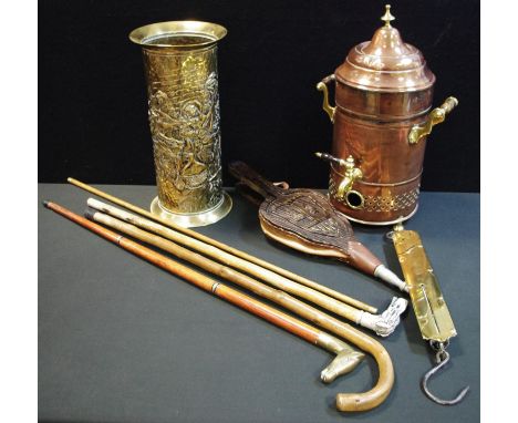 A three piece tipple stick, terminating in a brass handle in the form of a horses head; a yard stick used for measuring cloth