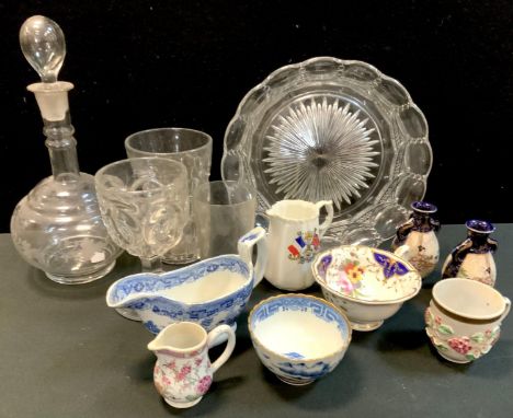 Ceramics - an 18th century pottery miniature jug, decorated in the famile rose pallet, 63mm high;  blue and white tea bowl, p