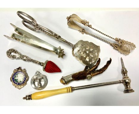 A Sterling silver hafted pin cushion, the haft cast with scrolls, import marks;  a pair of silver sugar bows;  others filigre