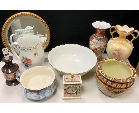 A Mason?s Ironstone Yung Lo Emperor mantel clock; orientalists jardiniere; oriental vase; wash jug; wash bowl; Jersey pottery