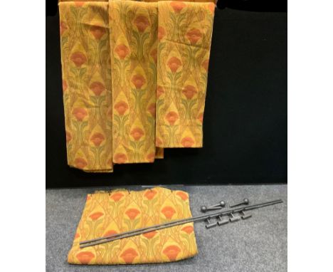 A pair of Art Nouveau Lavirotte Rouge pattern chenille fabric, lined curtains by Loome Fabrics, based on a original design c.