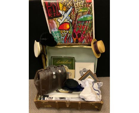 A Travelling trunk;  a sailors hat, HMS Mercury;  a straw boater;  a brief case;  two Victorian playing cards, framed;  etc 