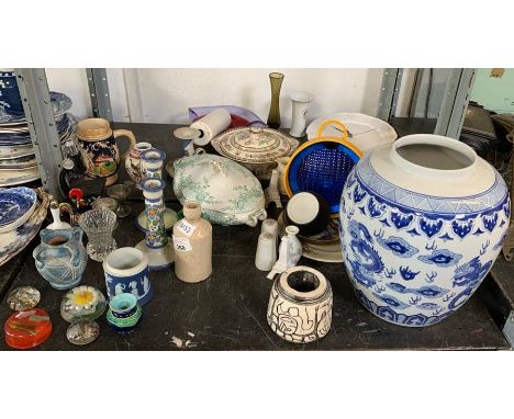 SHELF OF CERAMICS, A MOOD LIGHT, STUDIO POTTERY ETC