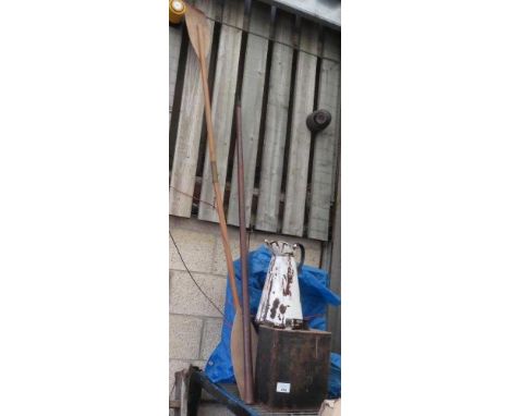 ENAMELLED JUG, FUEL CAN, PINE OAR &amp; SASH WINDOW TOOL
