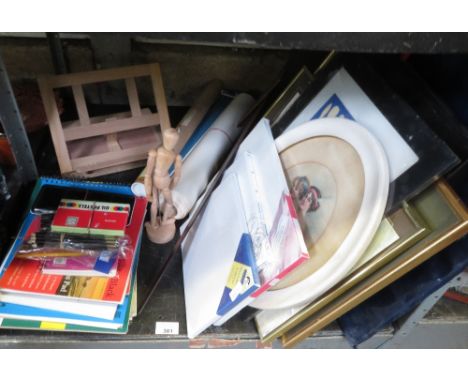 SHELF OF ARTIST EQUIPMENT INCLUDING AN EASEL, QUANTITY OF PAPER, PAINTS ETC