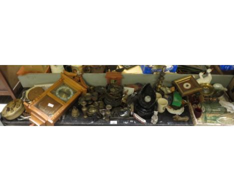 SHELF OF METALWARE, BRASS ETC