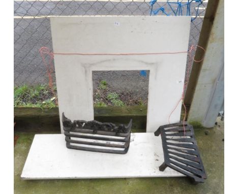 A MARBLE FIRE SURROUND AND BASE ALONG WITH A CAST IRON FIRE GRATE