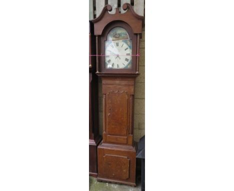 WELSH LONGCASE CLOCK IN A PINE CASE WITH ENAMELLED DIAL DEPICITING A HARBOUR