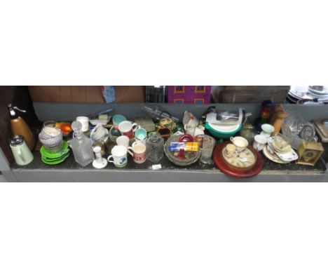 SHELF OF MAINLY CHINA, GLASS, 3 CLOCKS, ECT