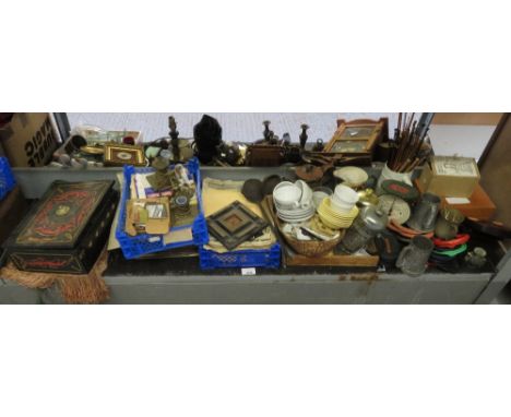 SHELF TO INCLUDE VINTAGE SCALES, HORSESHOES, MUSIC SHEETS, BRASS CANDLESTICKS ETC