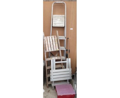 GALVANISED BIN. WOODEN STEP LADDER, ALUMINIUM STEP LADDER ETC