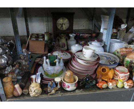 SHELF TO INCLUDE ORIENTAL STYLE FIGURES, VINTAGE RACKETS &amp; OTHER CERAMICS