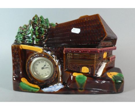 A Mid 20th Century Treacle Glazed Ceramic Mantle Clock in the Form of a Watermill, 31cm Wide 