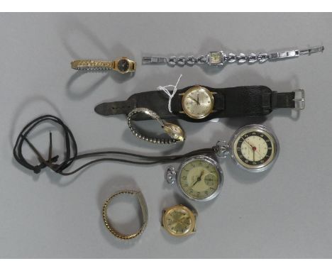 A Box Containing Two Vintage Pocket Watches, Two Gents Wrist Watches and Three Ladies Dress Watches 