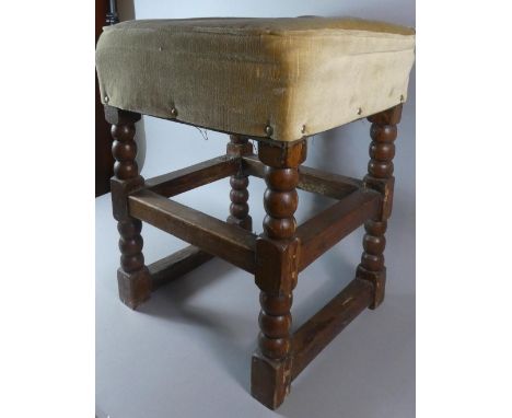 A Upholstered Oak Framed Bobbin Legged Stool, 38cm Square 