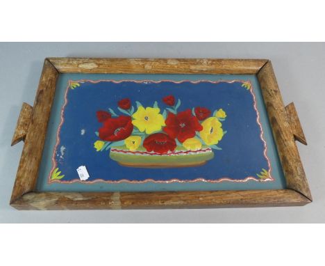 A Vintage Oak Framed Two Handled Tray with Painted Glass Decoration, Still Life Flowers, 48cm Wide 