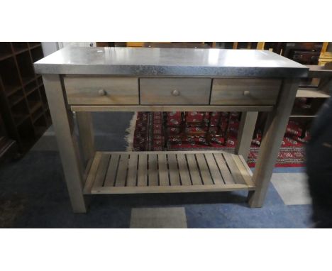 A Modern Metal Topped Kitchen Side Prep Table with Three Drawers and Stretcher Shelf, 110cm Wide 