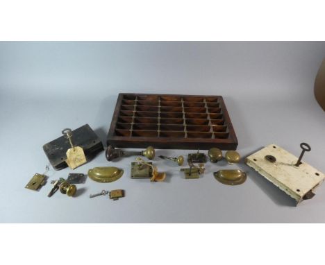 A Small Print Tray Containing Various Vintage Brass Door Handles, Locks etc, Tray 42cm Wide 