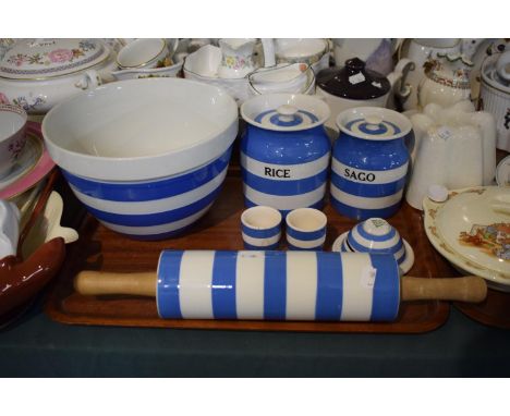 A Collection of TG Green Cornish Ware to Include Rice and Sago, Storage Jars, Rolling Pin, Egg Cups, Mixing Bowl 