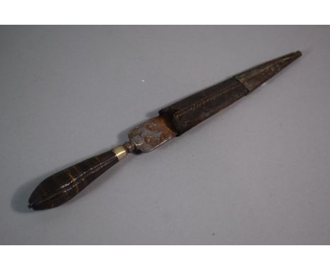A Vintage Oriental Dagger with Phoenix and Dragon Decoration to Blade and Horn Handle  Complete with Leather and Brass Tipped