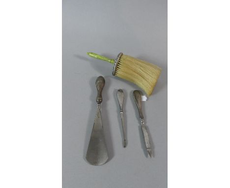 Two Silver Handled Manicure Tools, Silver Mounted Shoe Horn and a Silver Mounted Brush 