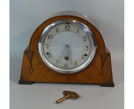 An Art Deco Walnut Cased Westminster Chime Mantle Clock with Eight Day Movement, 30cm Wide 
