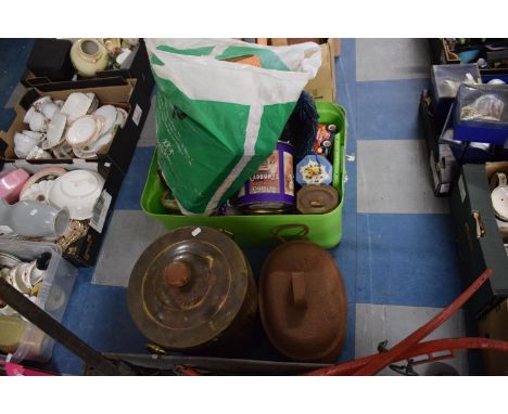 A Box of Vintage Tins, Oxidised Metal Waste Bin and Iron Cooking Pot 