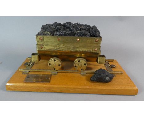 A Brass Model of a Vintage Coal Truck Mounted on Wooden Plinth with Plaque Inscribed Maclaren Colliery, Plinth 26cm Wide 