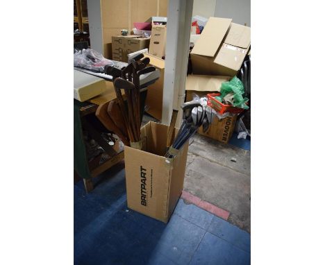 A Box Containing Vintage Wooden Shafted and Metal Shafted Golf Clubs, Bag of Golf Balls, Tennis Racket etc 