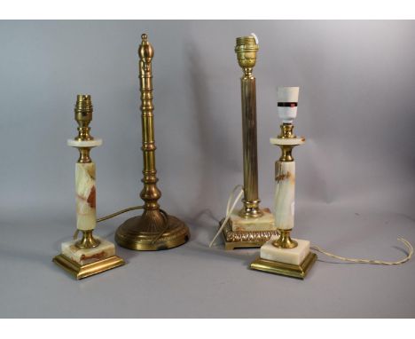 A Pair of Brass and Onyx Table Lamps and Two Other Brass Lamp Stands with Two Shades 