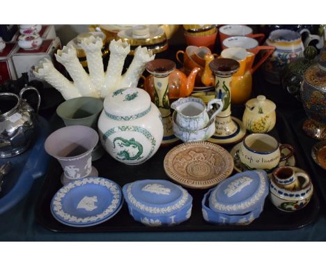 A Tray Containing Various Wedgwood Jasperware, Wade Coronation Bowl, Sadler Tea Caddy, Torquay Ware, Wedgwood Williamsburg Po