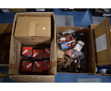 A Box Containing 18W Philips Boxed "Spotoned" Light Bulbs and a Box of Tools 