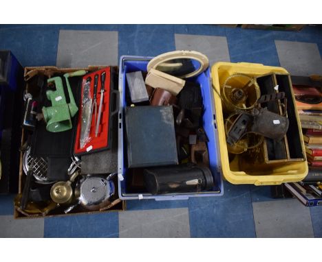 Three Boxes Containing Vintage Bakelite Door Handles, Pair of Binoculars, Green Enamelled Mincer, Teawares, Blowtorch, Carvin