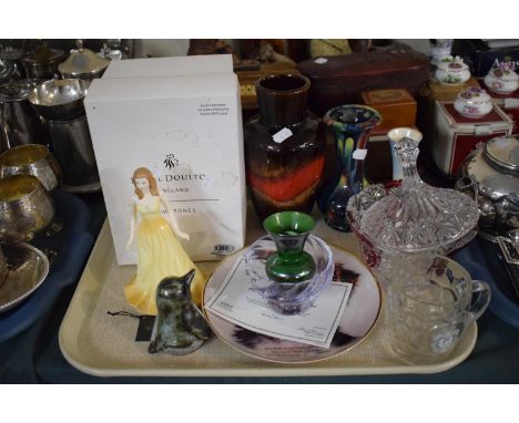 A Tray Containing Boxed Royal Doulton Figure, October Opal Together with Glazed Terracotta Bird Ornament, German Vases, Glass