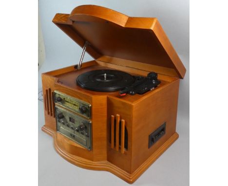 A Vintage Style Music Centre of Architectural Form, Turntable Requiring Attention and CD Drawer Sticky, 46cm Wide 
